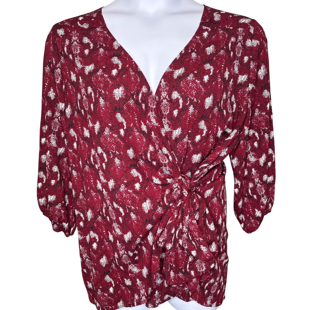 West Kei Womens Burgundy Snake Print Faux Wrap Top Sz 2X Excellent Side Tie Chic